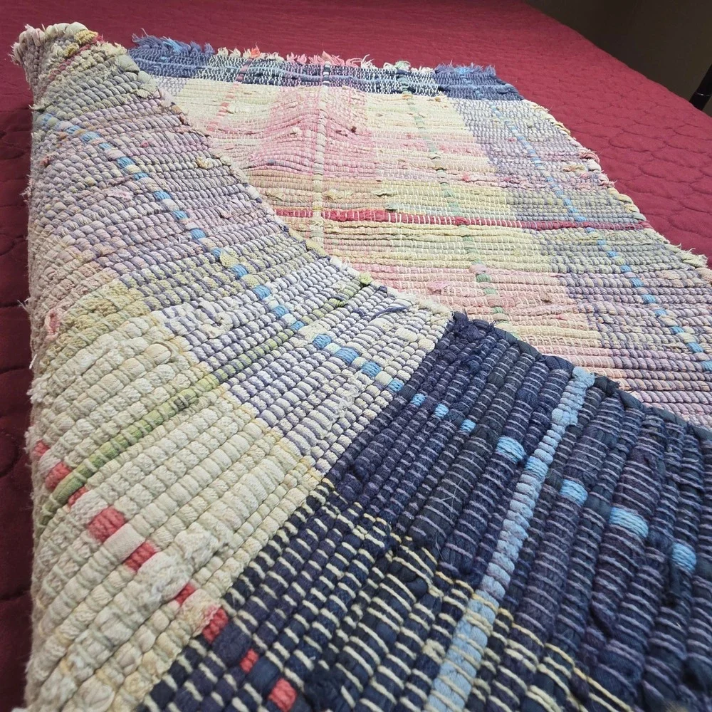 Rag Rug Blue Cream Pink Mat Knotted Weave 34